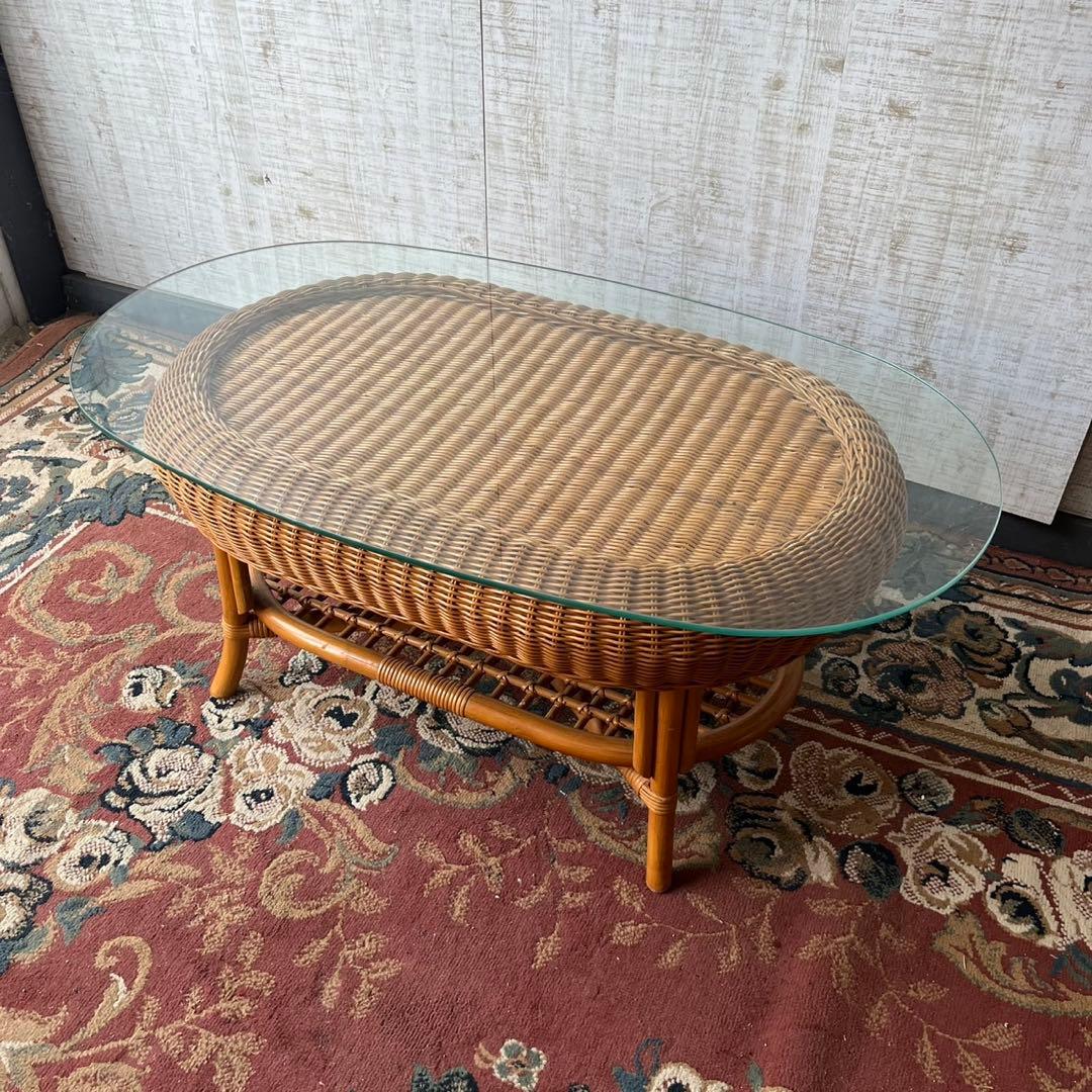 昭和レトロ ヴィンテージ 大型 ラタンオーバルテーブル センターテーブル 楕円形