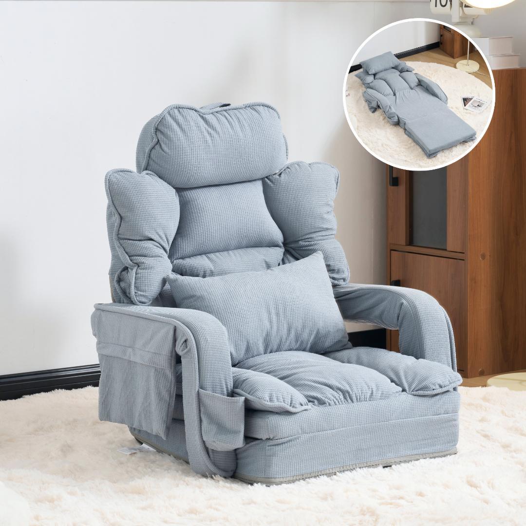 【ブルー】座椅子 ソファー ソファーベッド 幅165㎝ 枕/収納ポケット付