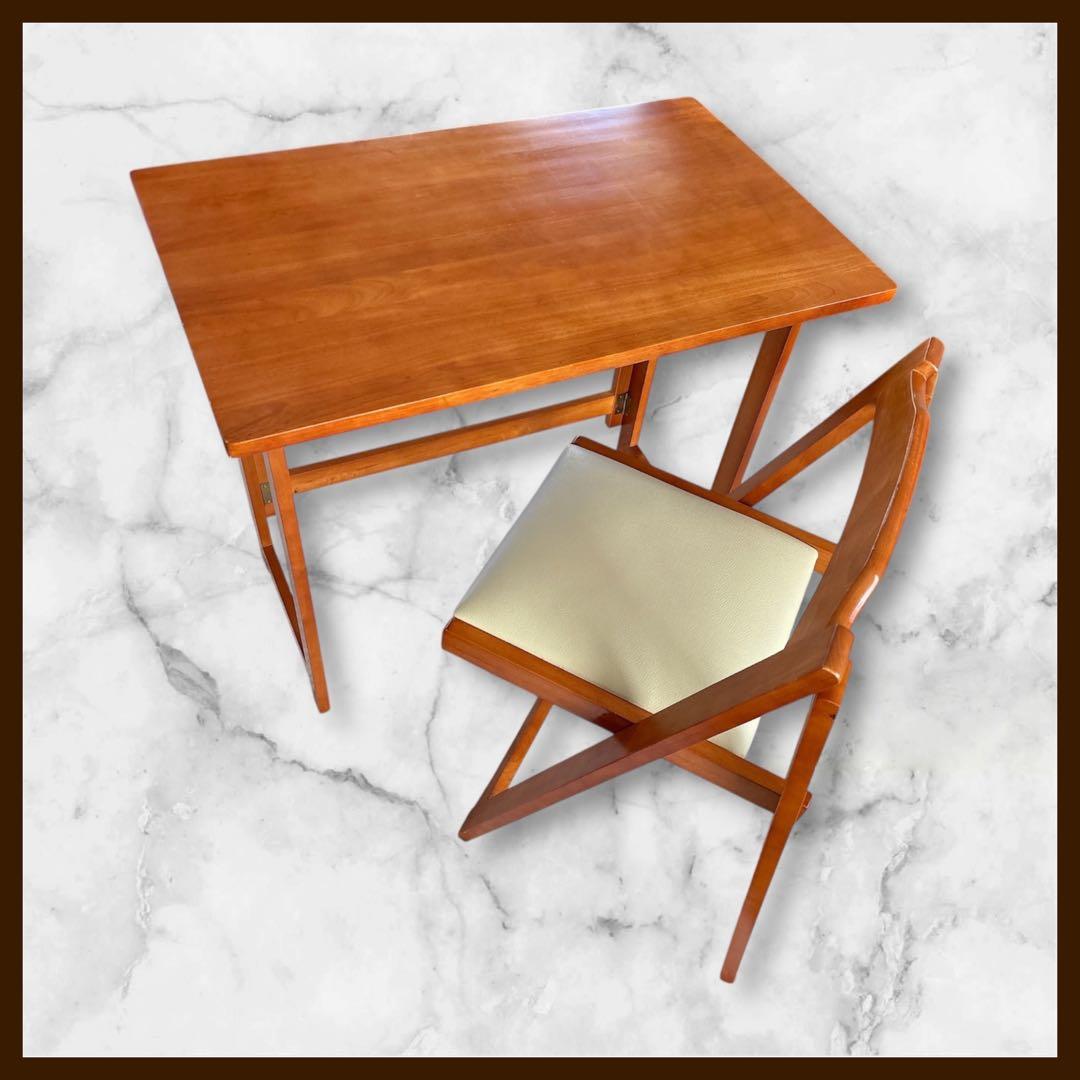 美品】天然木 折りたたみ デスク チェア セット 椅子 テーブル ワークスタディ