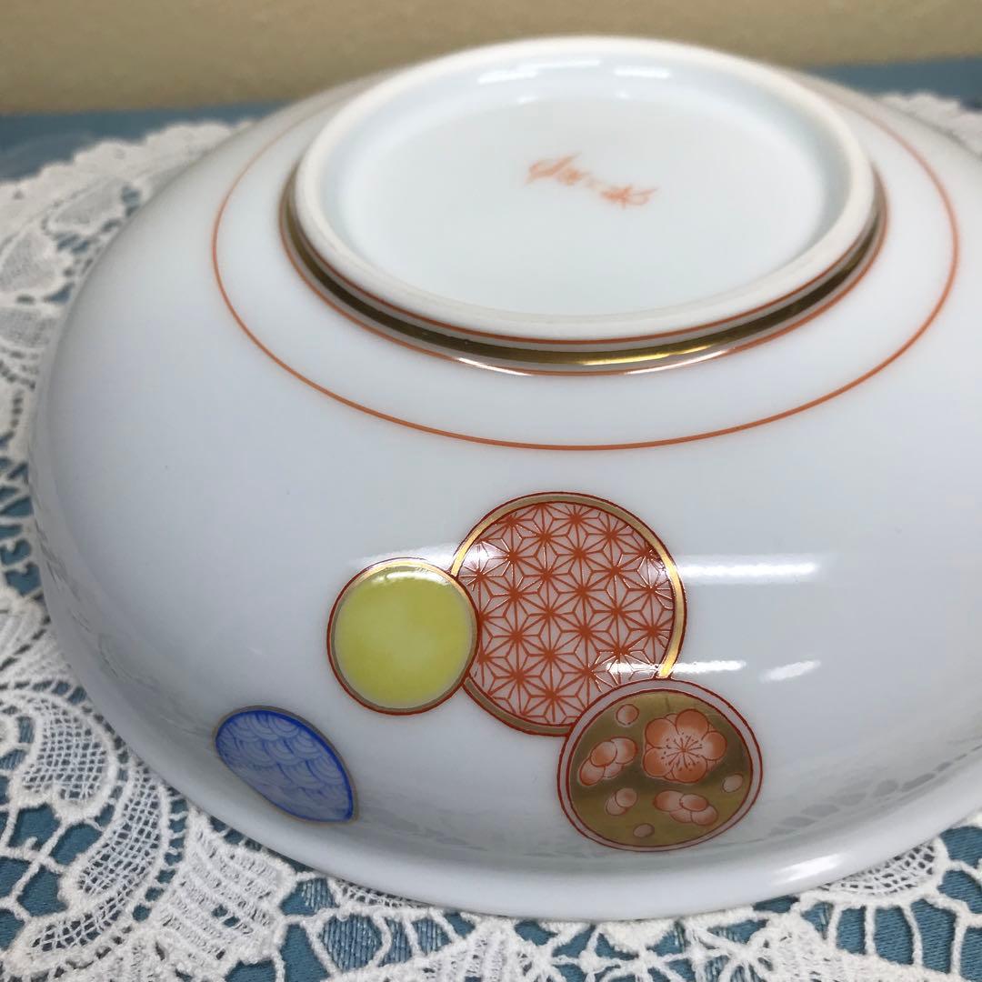 深川製磁　赤絵丸紋　銘々皿　5枚1セット(木箱入り)　＆　丸鉢　１客　ひなまつり