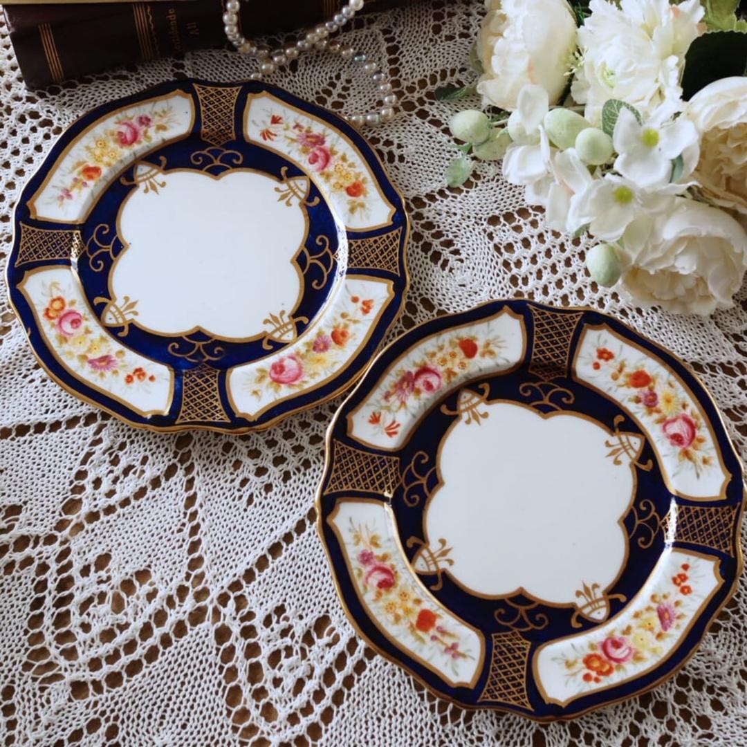 素敵　英国ハマースレイ　コバルト＆ゴールド　ローズ　プレート２枚　F3