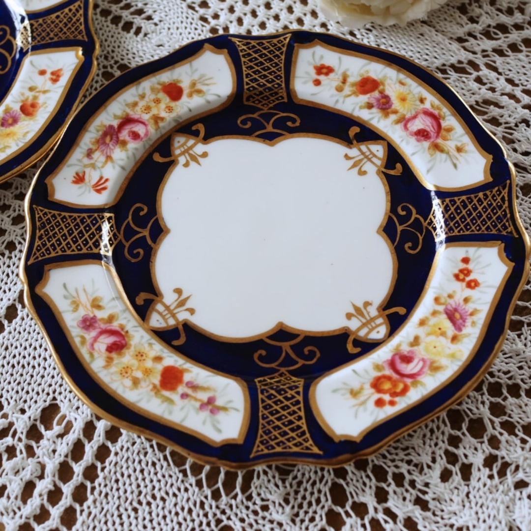 素敵　英国ハマースレイ　コバルト＆ゴールド　ローズ　プレート２枚　F3