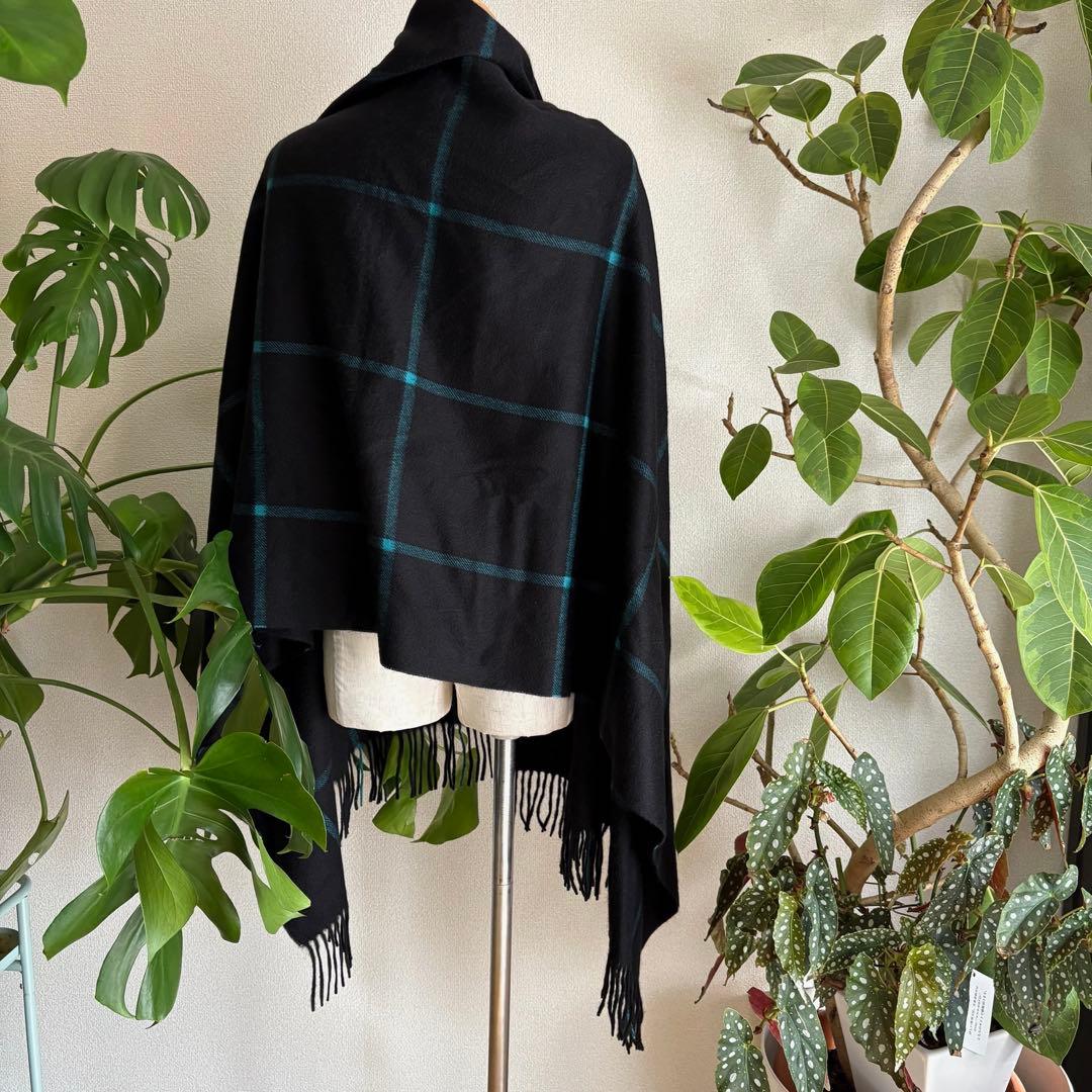 Joshua Ellisカシミヤストールブラック×ターコイズブルーマフラーp53