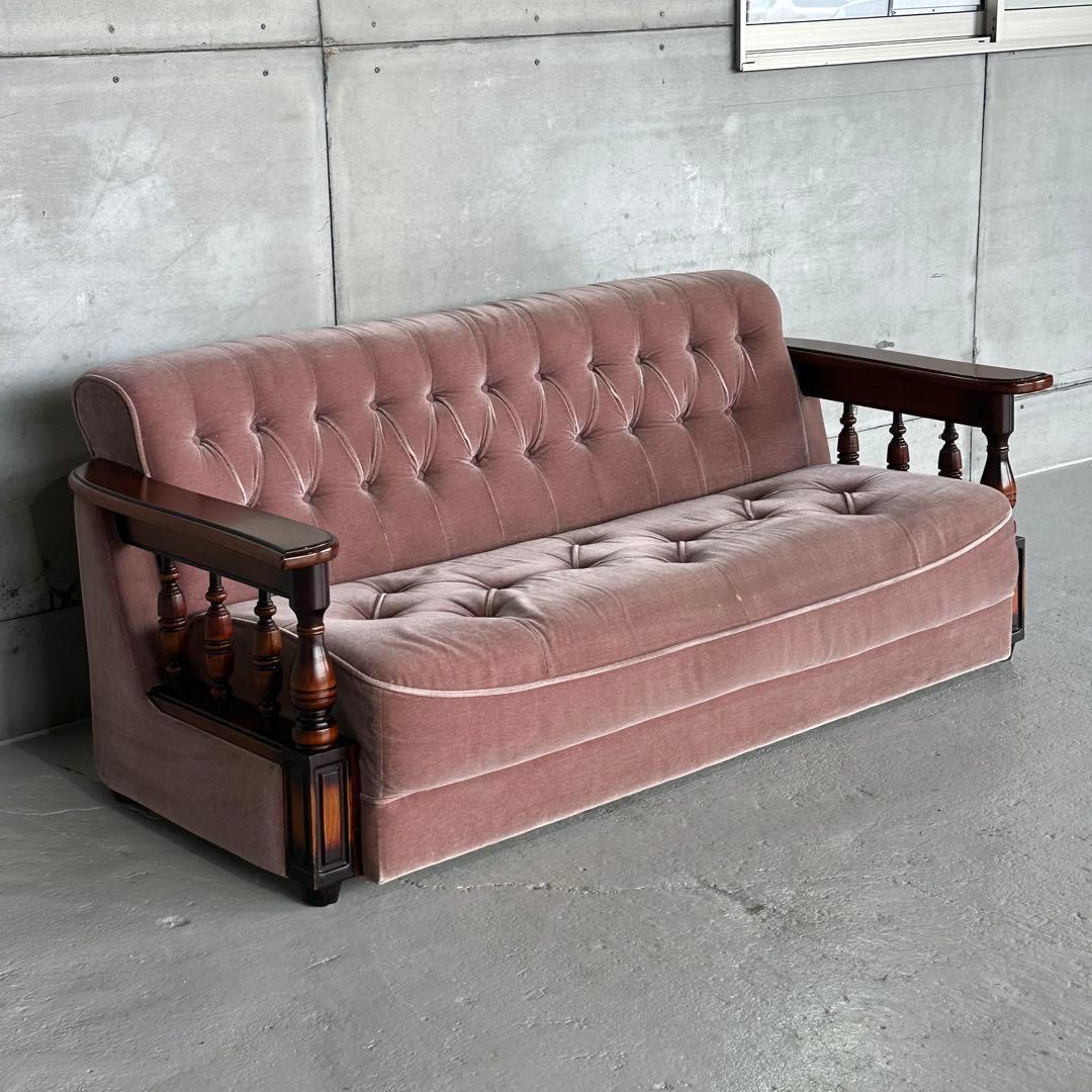 ✦80s✦ 昭和レトロ 三人掛けソファー ベロア生地 木製アーム アンティーク