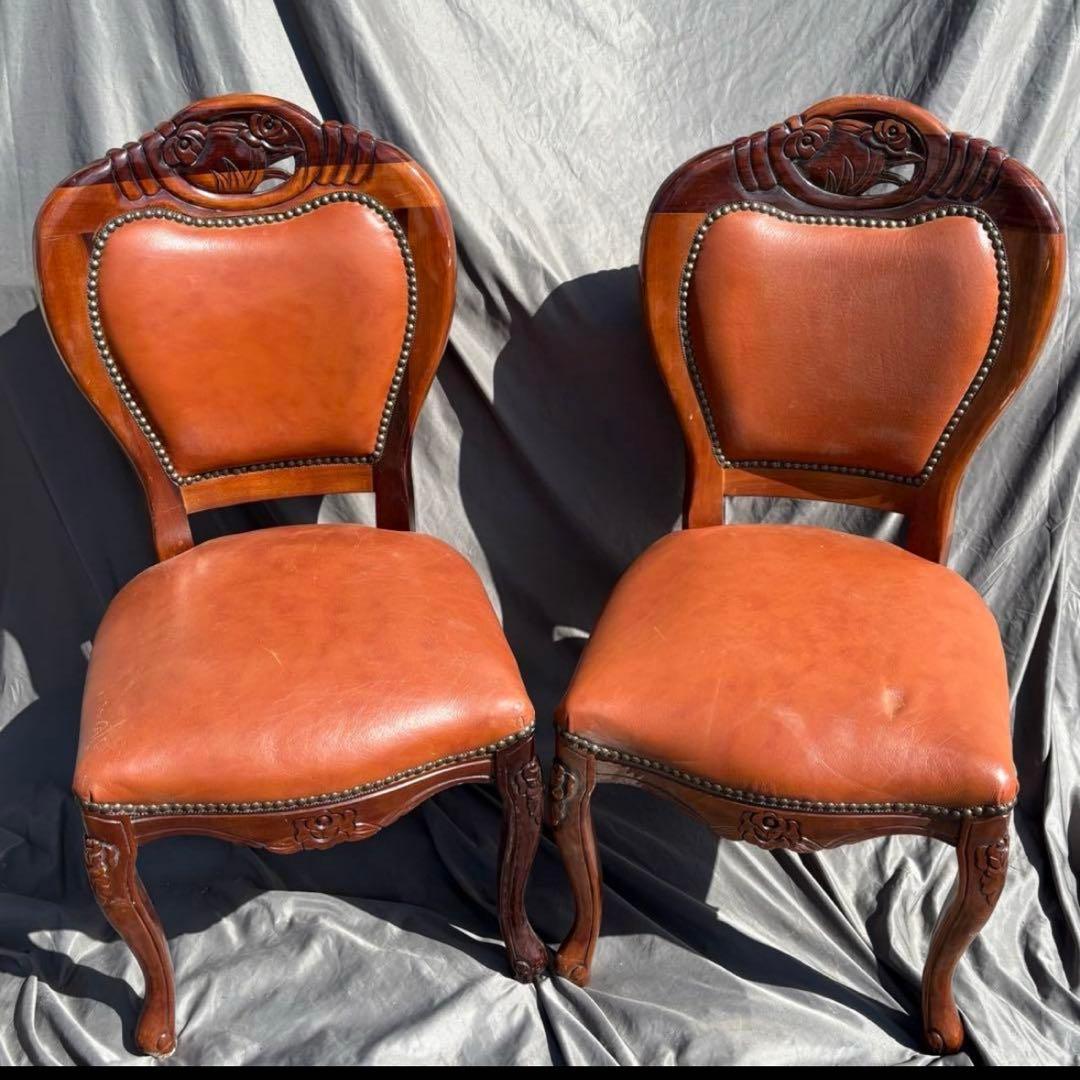 Cy72　ダイニングチェア　椅子　2脚セット　アンティーク　ヨーロッパ　革張り
