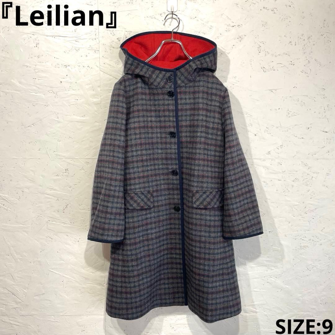 日本製　アンゴラ混【Leilian】チェック柄フード付きウールコート　9