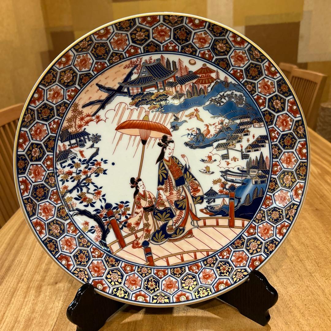 有田焼　松右衛門　古伊万里　飾り皿大皿色絵傘 美人文大皿　近江八景之　箱皿立付