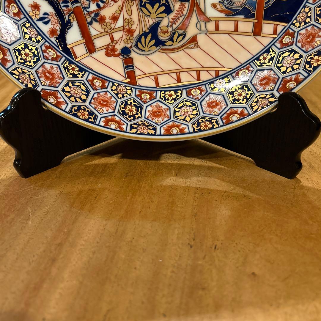 有田焼　松右衛門　古伊万里　飾り皿大皿色絵傘 美人文大皿　近江八景之　箱皿立付