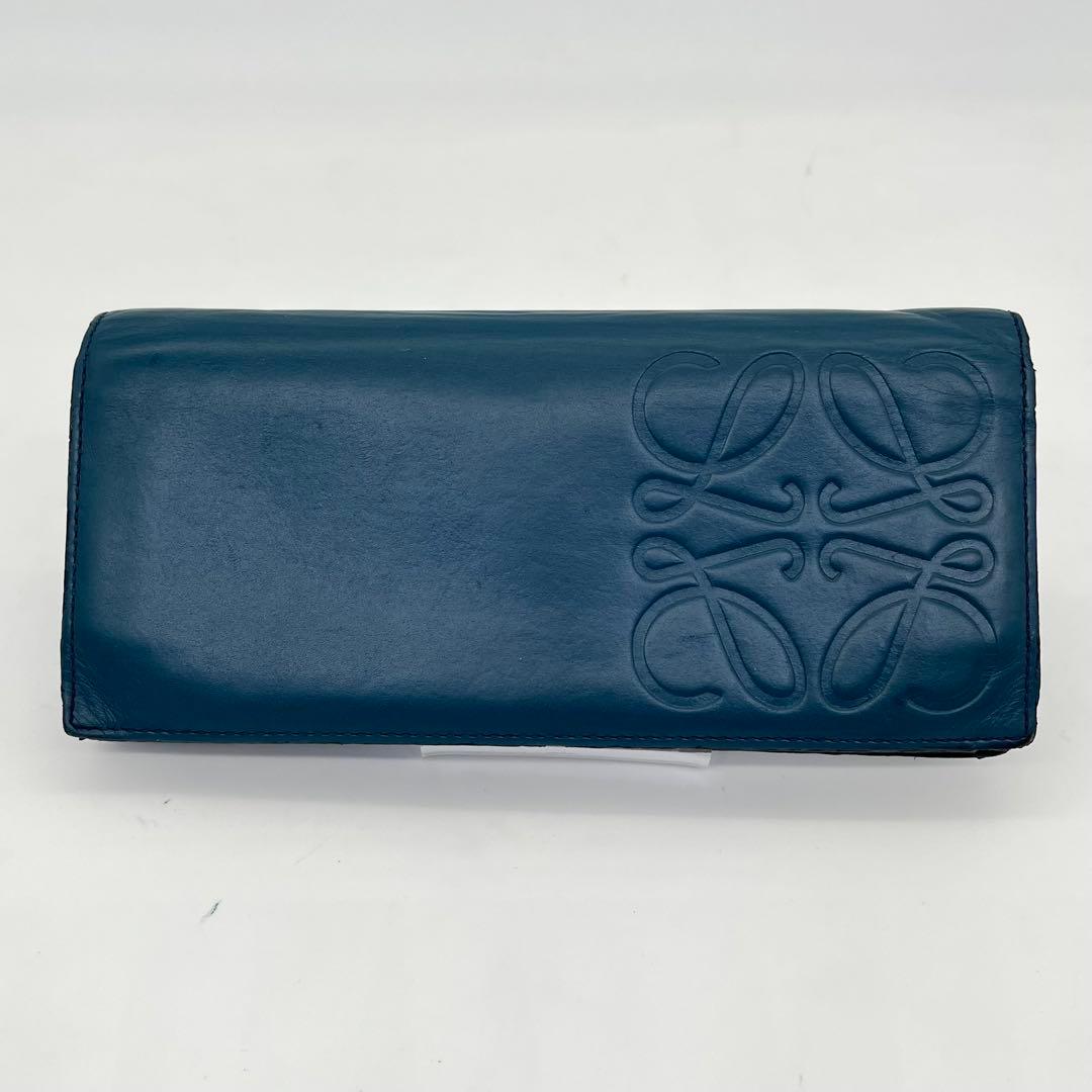 LOEWE 長財布 フラップウォレット アナグラム デカロゴ ネイビー レザー