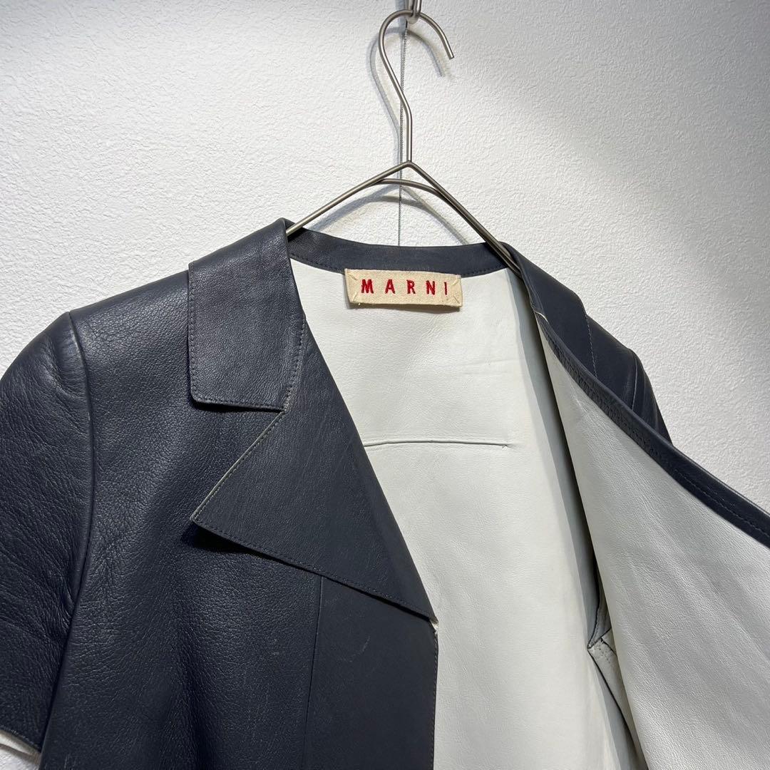 希少 マルニ 上質 ラムレザー ボタンレス デザイン 半袖 ジャケット 38
