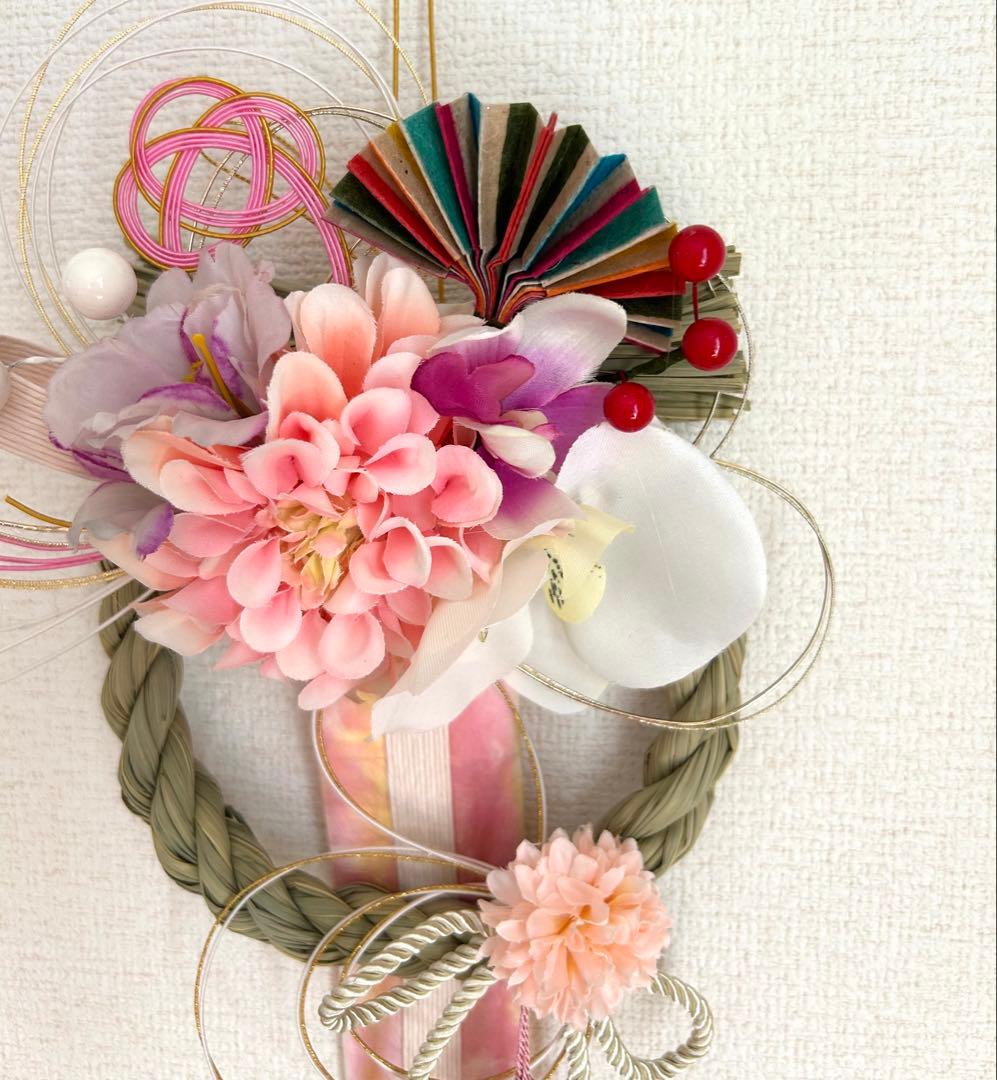 «845»お正月お洒落しめ縄*ピンクカラー*京都和紙*お花*お祝い新年*1点もの