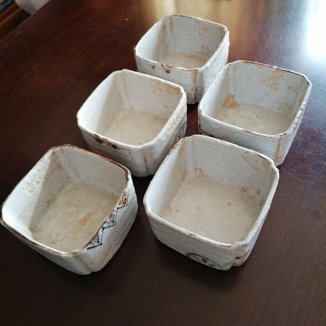 瀬戸焼　加藤作助　志野角向付　5客　11cm　大正～昭和初期