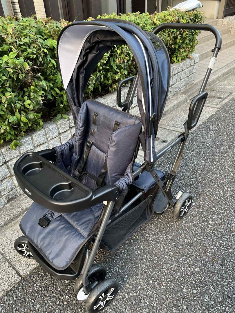 KATOJIベビーカーネイビー折りたたみ式（雨カバー&リアシート付き）値段交渉可
