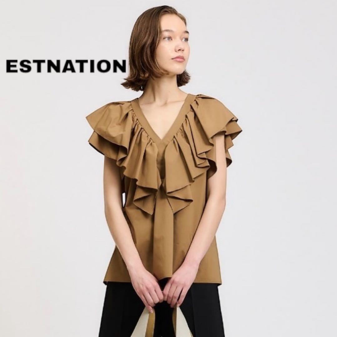 ✨希少✨美品✨ エストネーション ブラウス ギャザー フリル Vネック キャメル