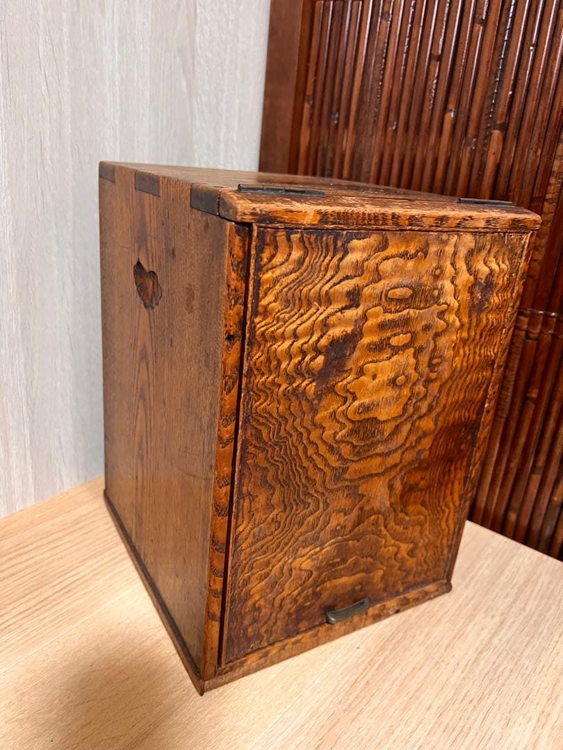 昭和レトロ 鏡付き木製小箪笥 虎斑木纹 化妆收纳