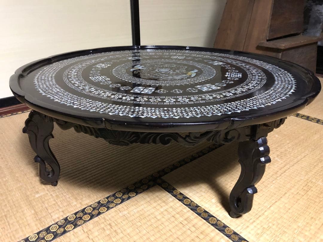 美品！豪華な螺鈿細工の李朝円卓折り畳み式 検古民家李朝家具民芸家具ソバンちゃぶ台
