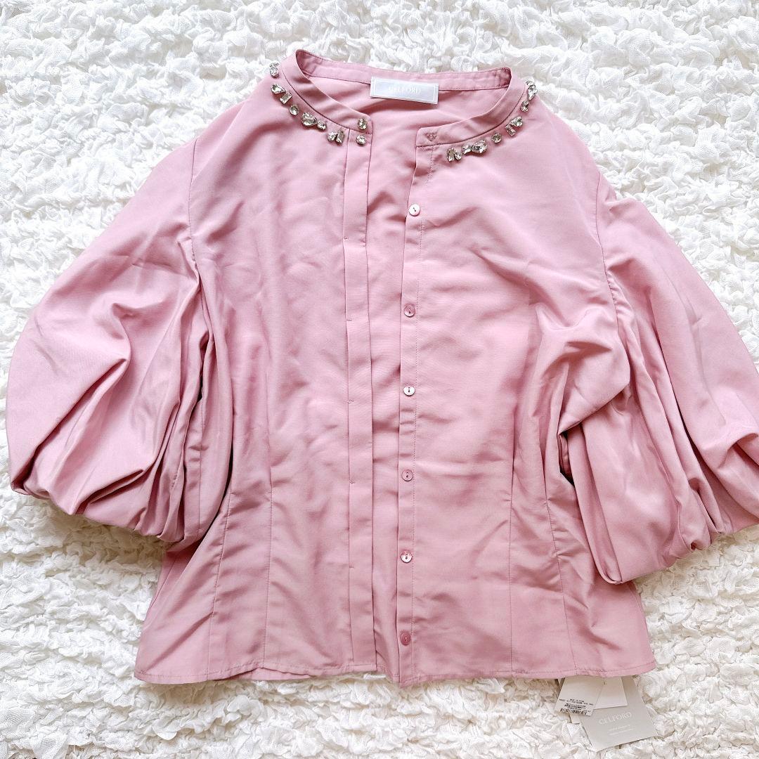 新品タグ付き♡CELFORD 衿ビジューブラウス バルーンスリーブ バンドカラー
