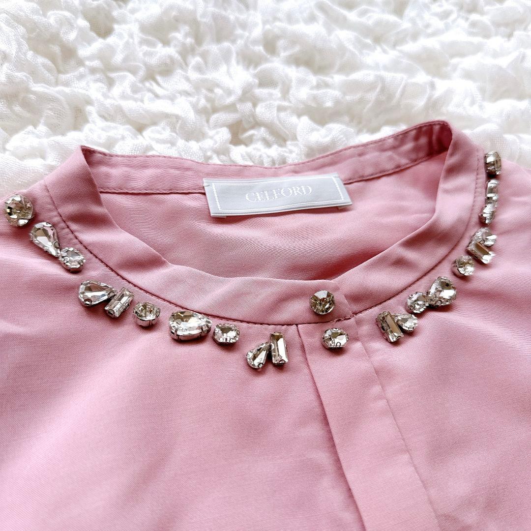新品タグ付き♡CELFORD 衿ビジューブラウス バルーンスリーブ バンドカラー