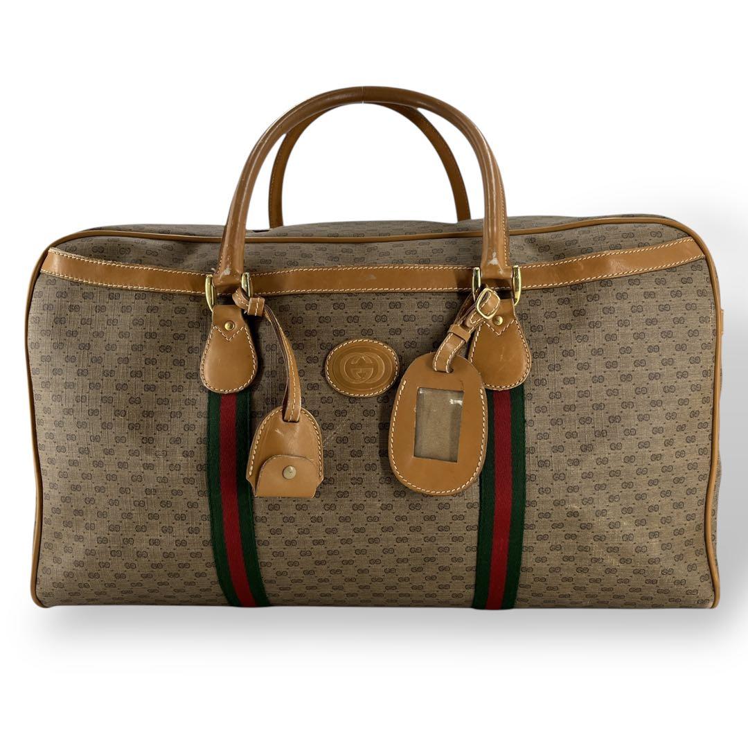 オールドグッチ　マイクロGG ボストンバッグ　シェリーライン　ブラウン　PVC