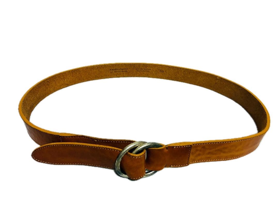 【美品】アンドレアグレコ　レザーベルト　ダブルリングバックル　ブラウンレザー