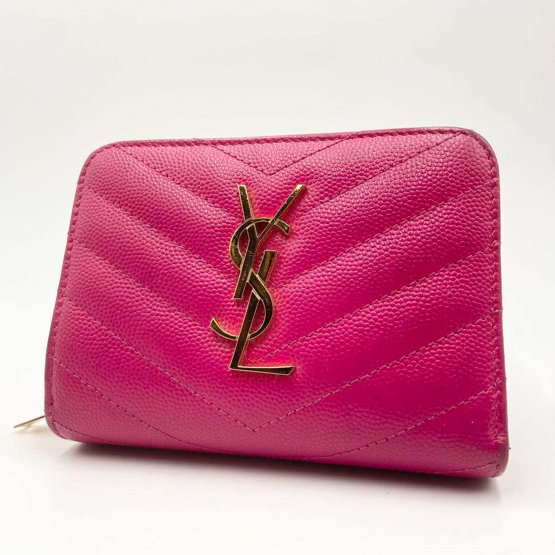 サンローラン　折り財布　カサンドラ　YSL キャビアスキン　レザー　ピンク