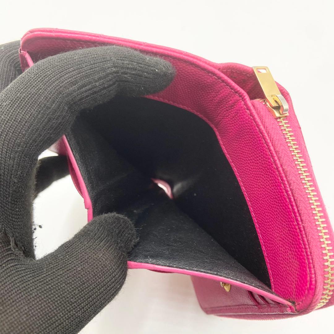 サンローラン　折り財布　カサンドラ　YSL キャビアスキン　レザー　ピンク
