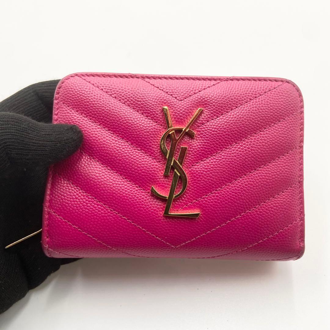 サンローラン　折り財布　カサンドラ　YSL キャビアスキン　レザー　ピンク