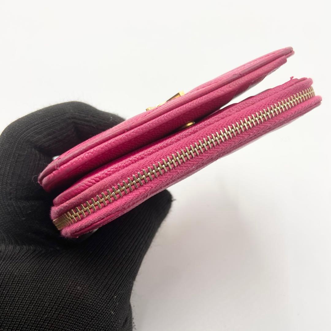 サンローラン　折り財布　カサンドラ　YSL キャビアスキン　レザー　ピンク