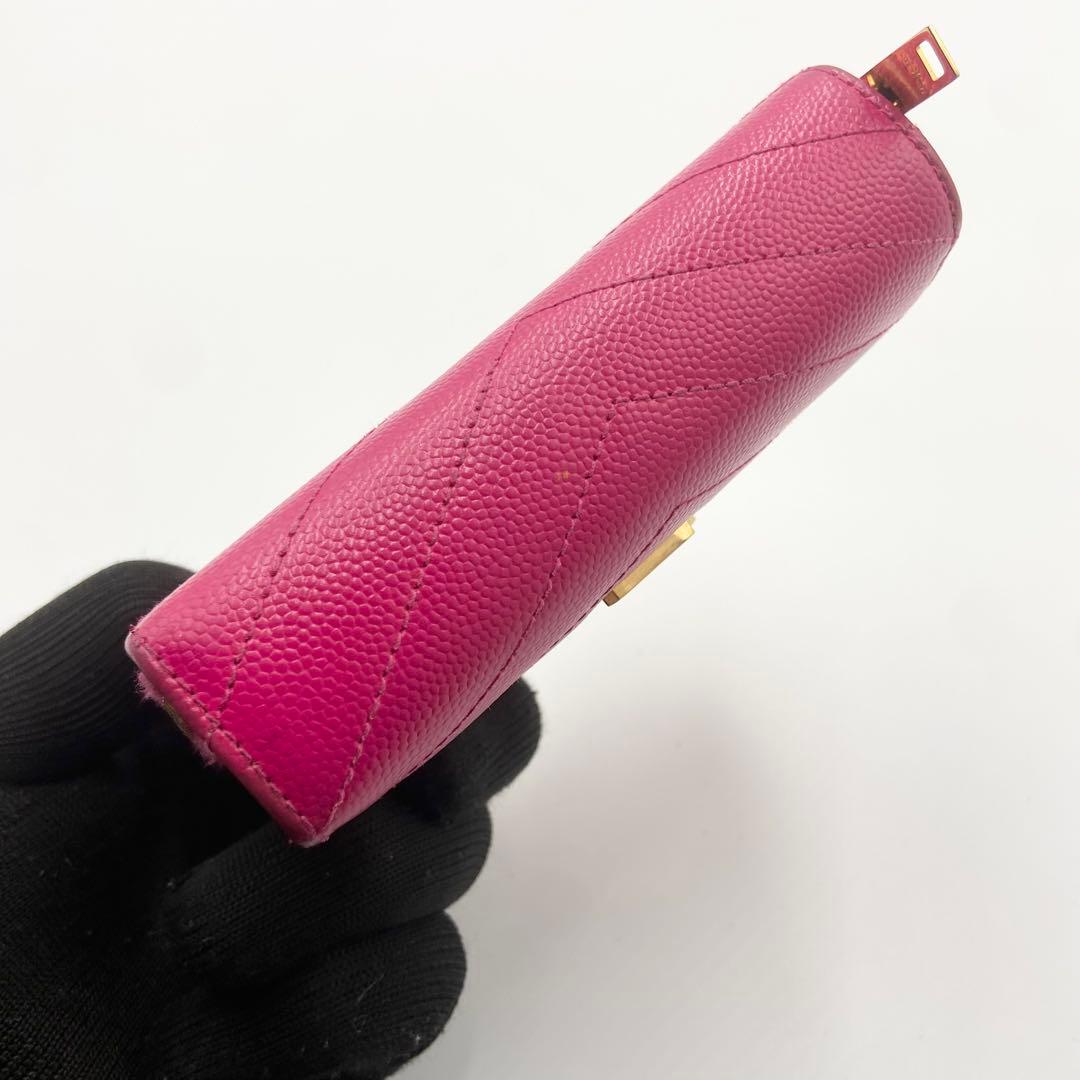サンローラン　折り財布　カサンドラ　YSL キャビアスキン　レザー　ピンク