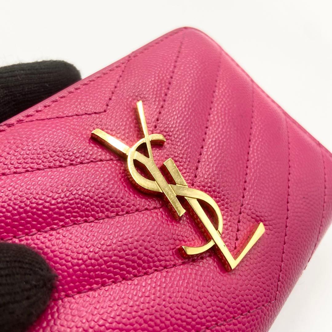 サンローラン　折り財布　カサンドラ　YSL キャビアスキン　レザー　ピンク