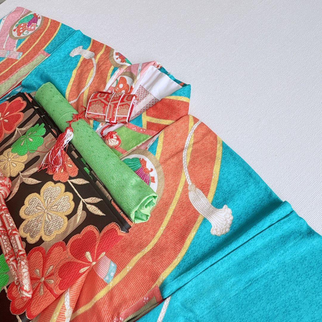 フルセット　七五三　７歳女の子　水色　蝶のし　モダン個性的　袖なし長襦袢7092