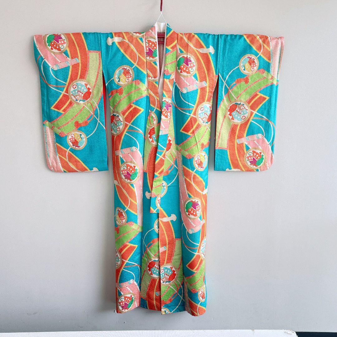 フルセット　七五三　７歳女の子　水色　蝶のし　モダン個性的　袖なし長襦袢7092