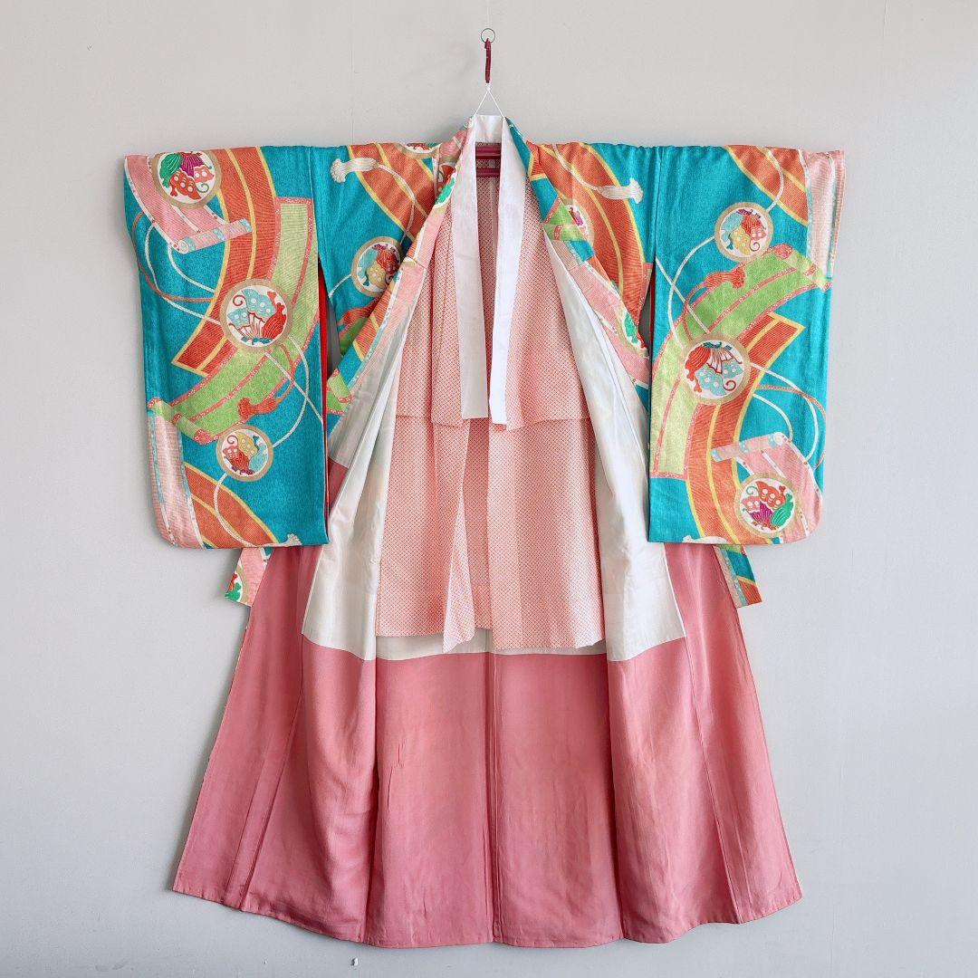 フルセット　七五三　７歳女の子　水色　蝶のし　モダン個性的　袖なし長襦袢7092