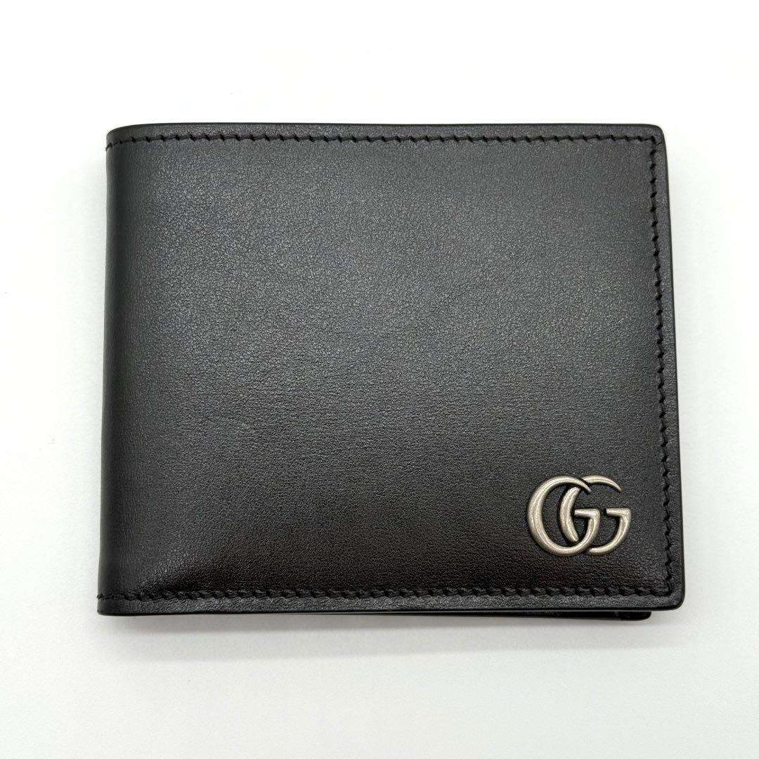 新品✨ GGマーモント レザー コンパクト ウォレット 二つ折り 財布 ブラック