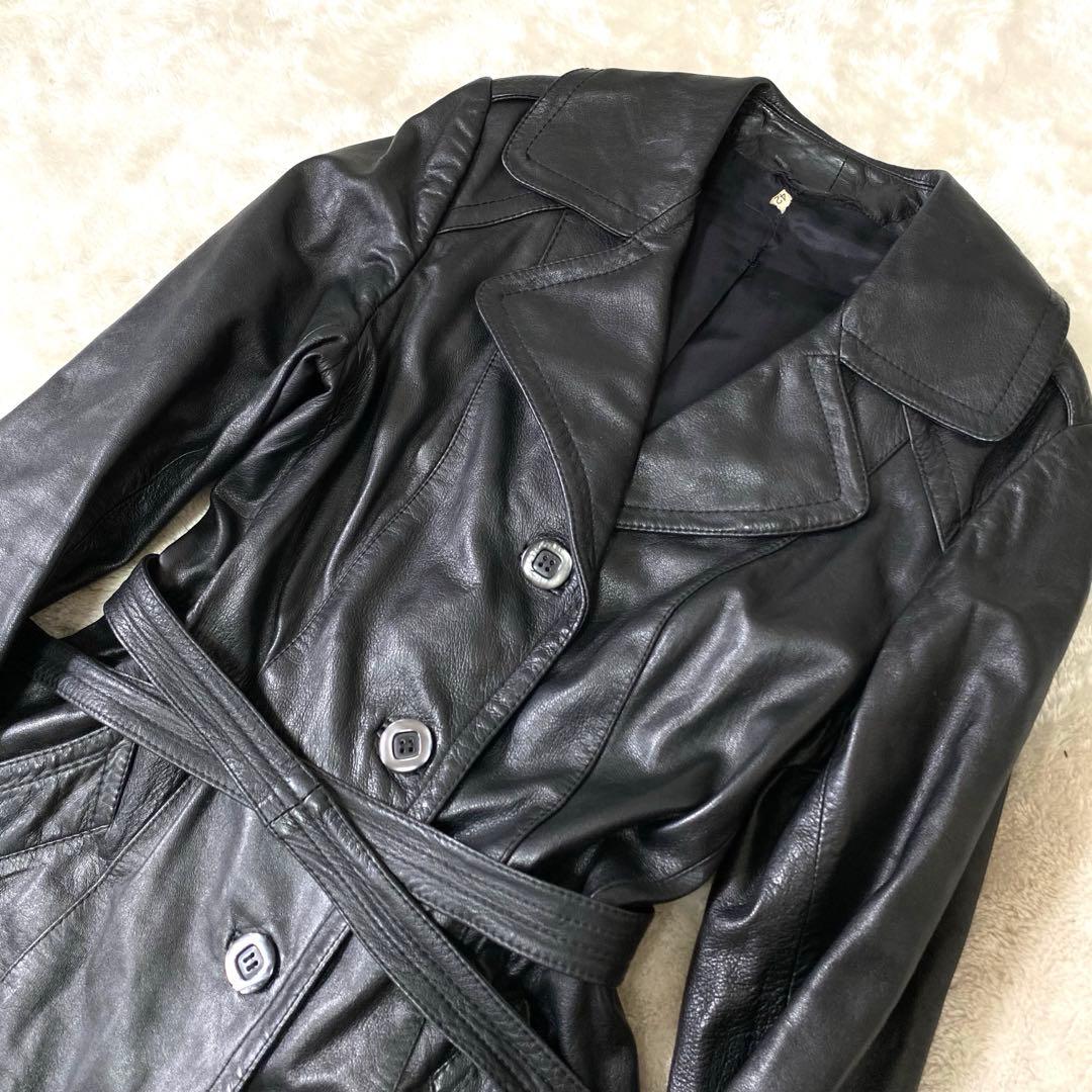 レザートレンチコート ✨漆黒の戦闘服✨ 羊革 ラムレザー オールレザー 42