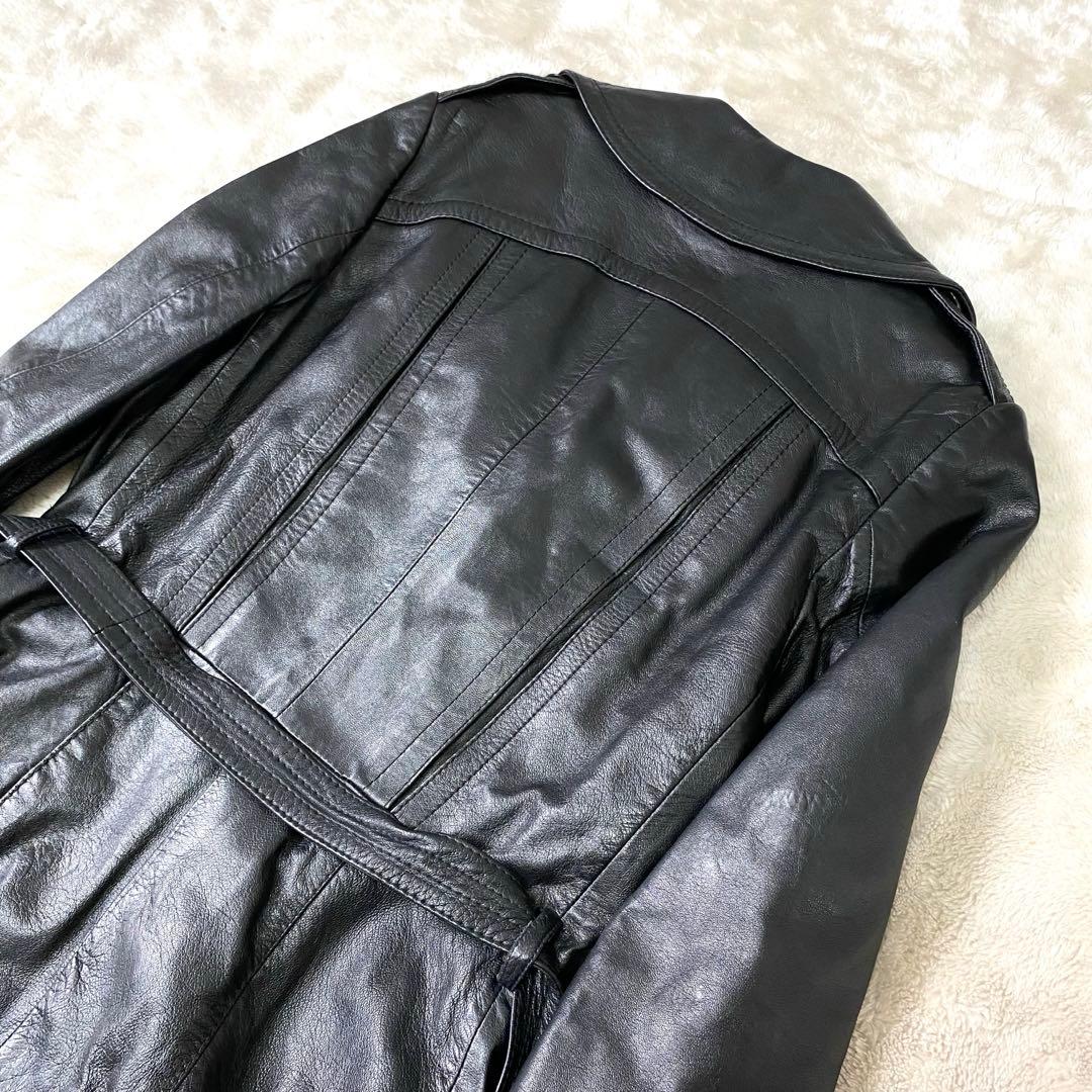 レザートレンチコート ✨漆黒の戦闘服✨ 羊革 ラムレザー オールレザー 42