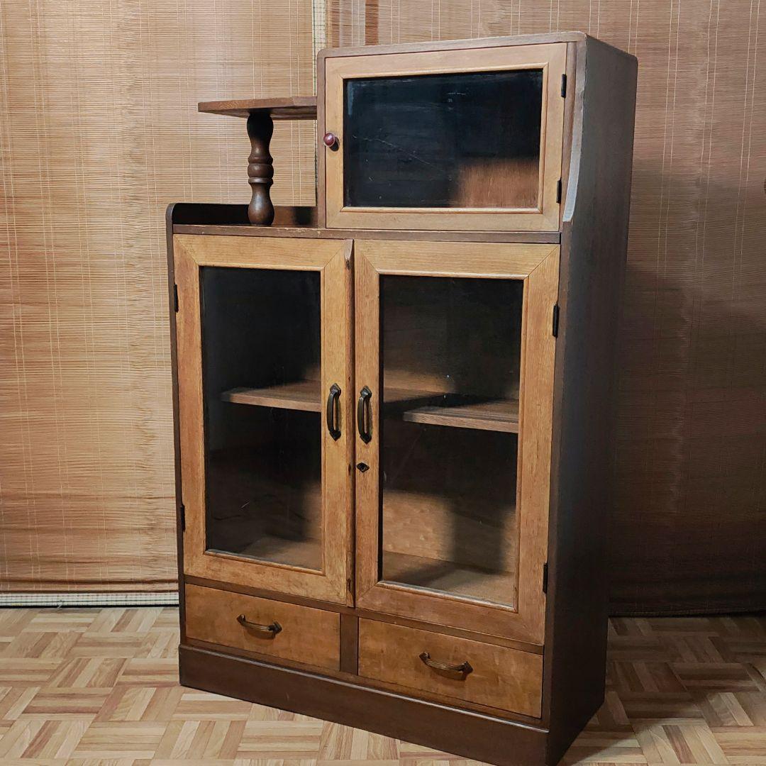 違い棚　本棚　食器棚　木製棚　ガラス棚　昭和レトロ