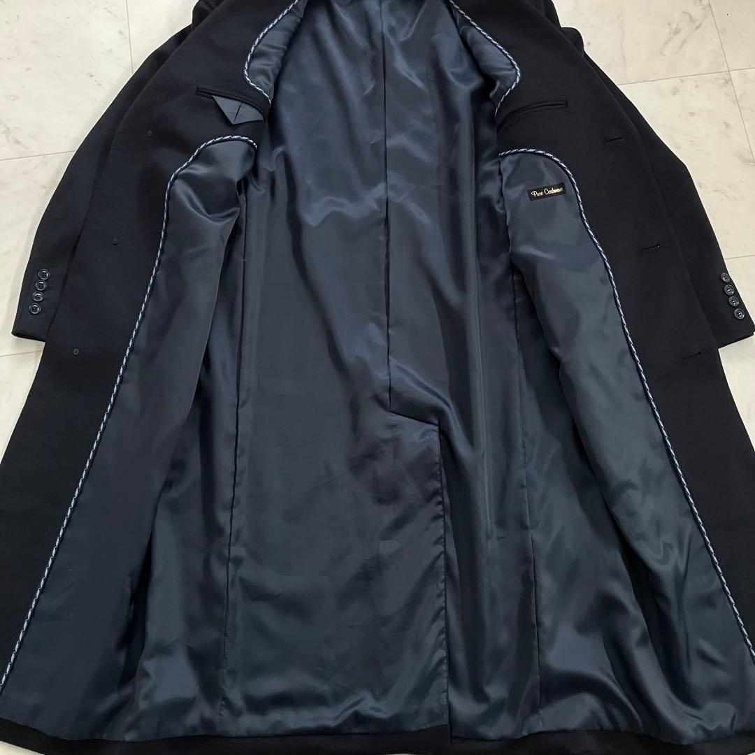 美品 ピュアカシミヤ100% ロングコート 濃紺 2L マキシ丈