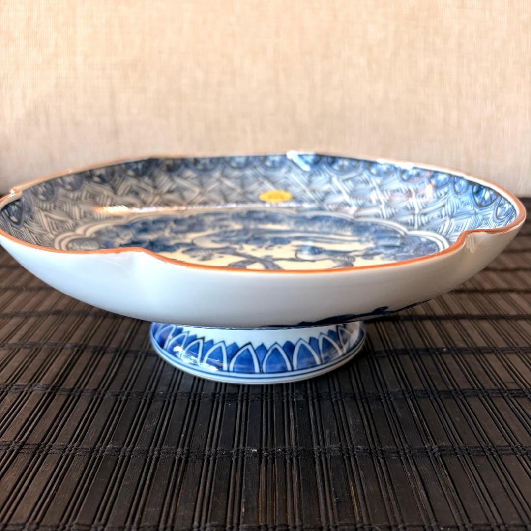 【未使用品】【三川内焼】【平戸松山窯】手描き 染付花鳥 高台鉢 高台皿 足付き皿