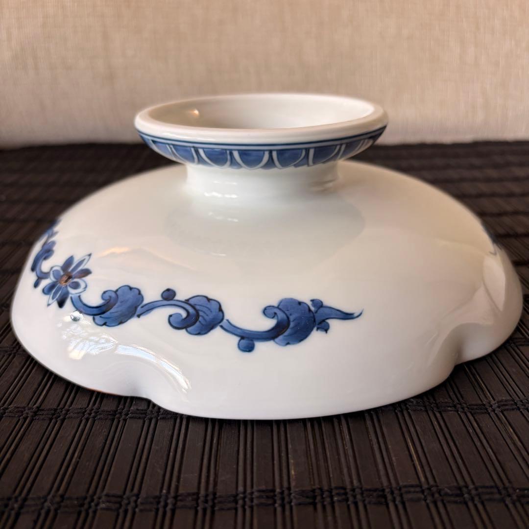 【未使用品】【三川内焼】【平戸松山窯】手描き 染付花鳥 高台鉢 高台皿 足付き皿