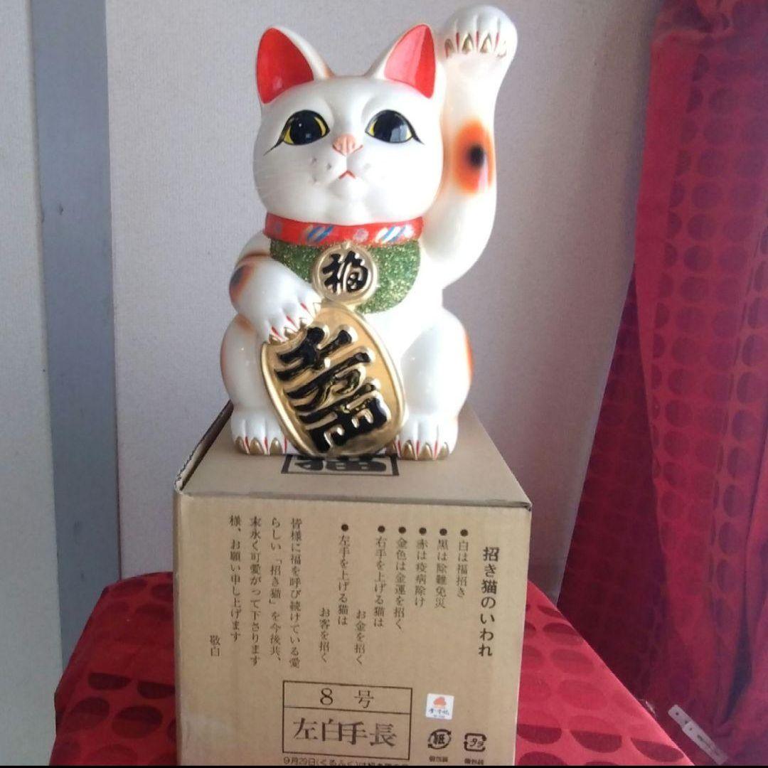 2/3迄限定値引✨人呼び、千客万来招き猫☆白猫左手上げ8号手長・特別製作現品限り
