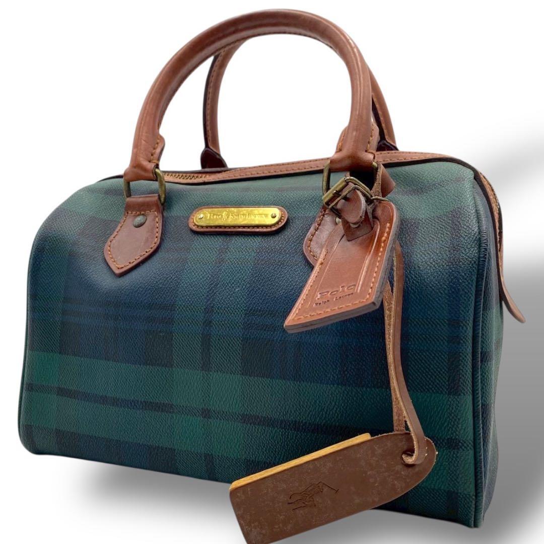 90s POLO RALPH LAUREN チェック柄 レザー ボストンバッグ