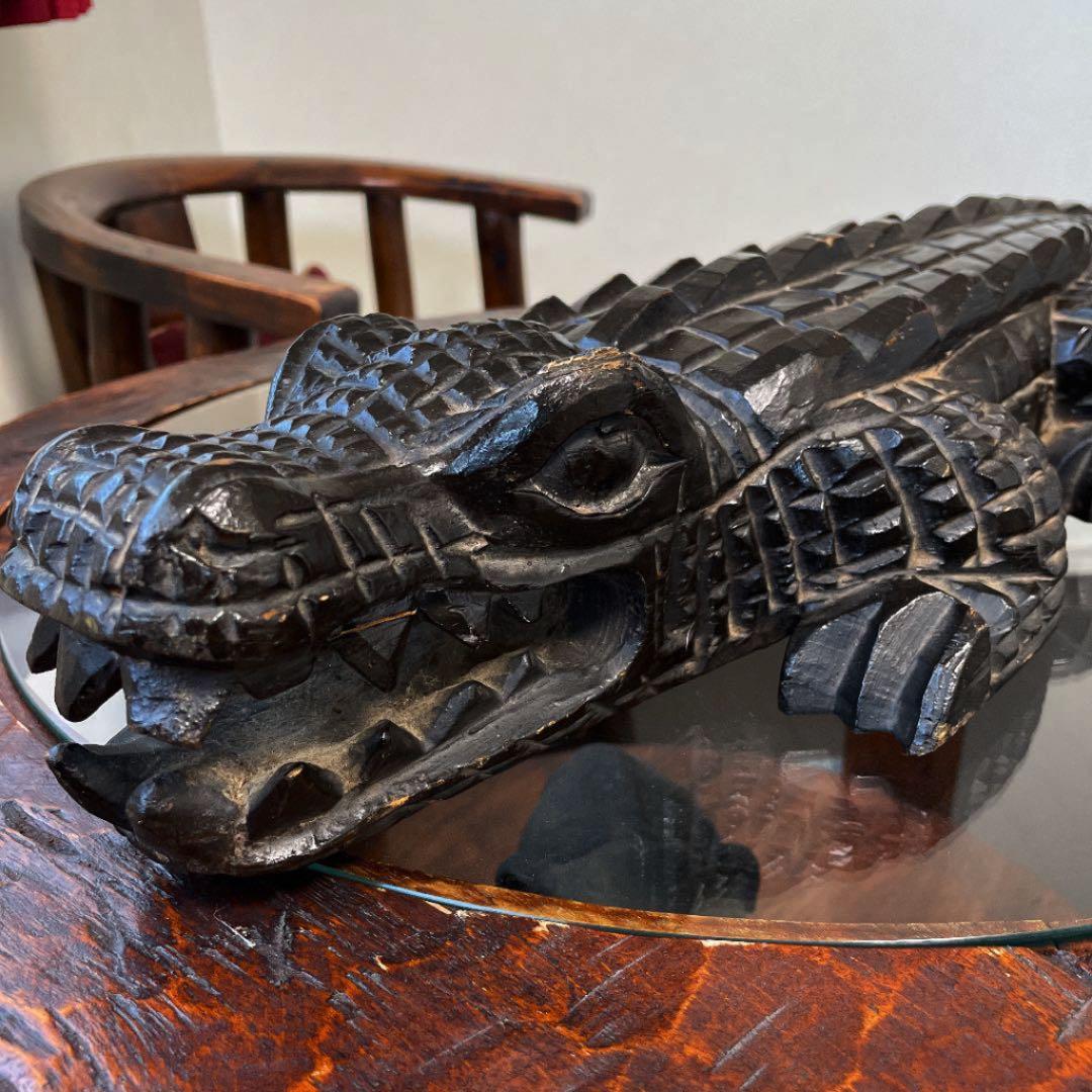 ワニ　アンティーク　木製　置物