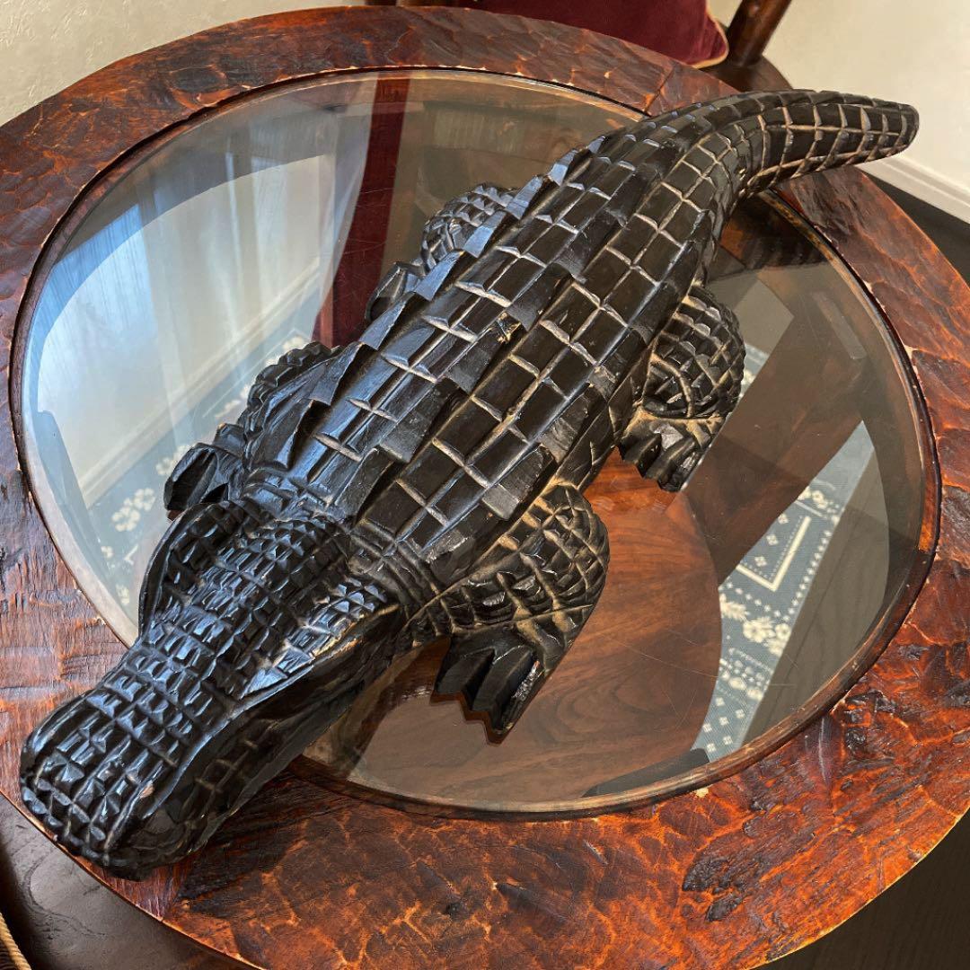 ワニ　アンティーク　木製　置物