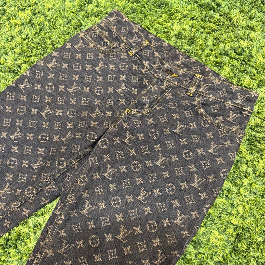 高級 人気 ルイヴィトン モノグラム デニム フレアパンツ ブラック