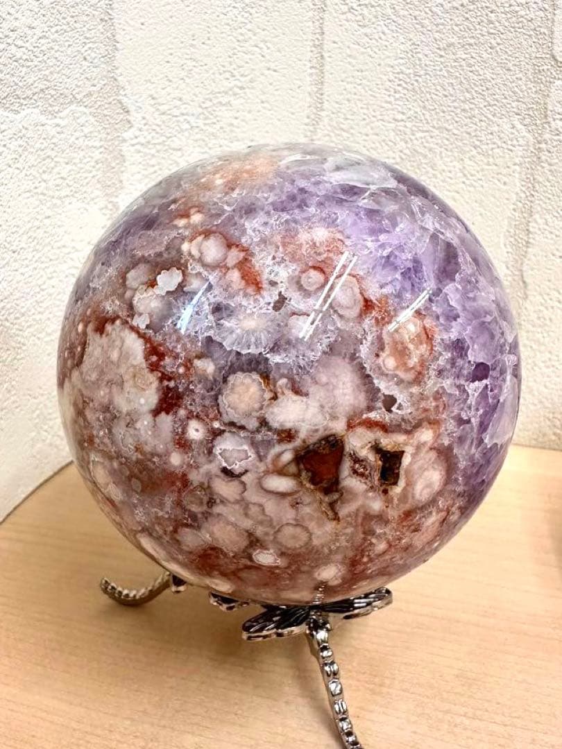 高品質　大きい！　濃いパープル、ピンク　アメジスト 虹入り　スフィア　スタンド付