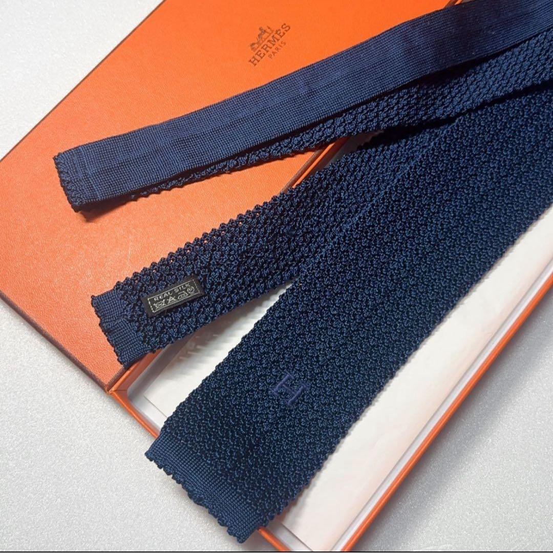 【極美品】HERMES エルメス ニットタイ ネイビー
