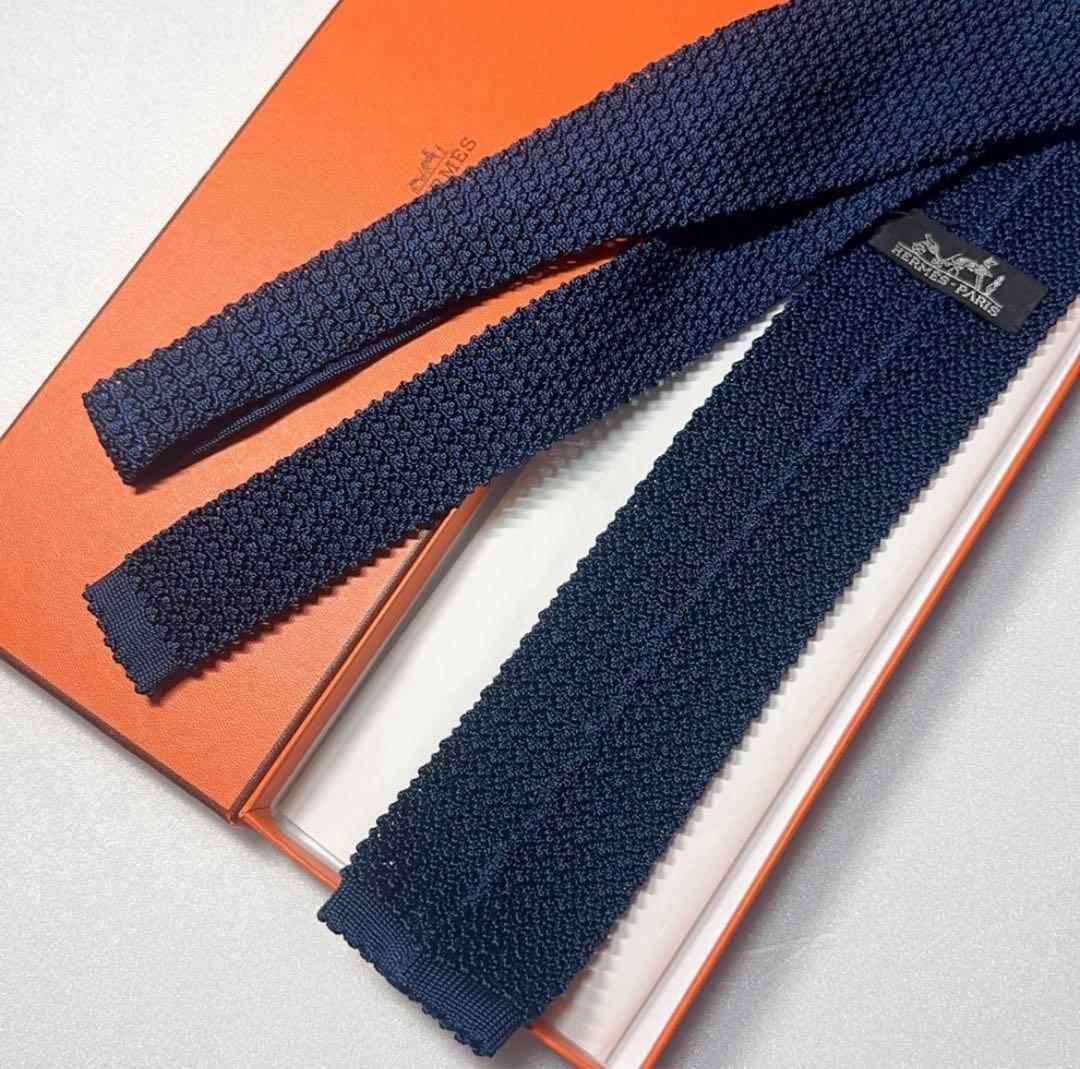 【極美品】HERMES エルメス ニットタイ ネイビー