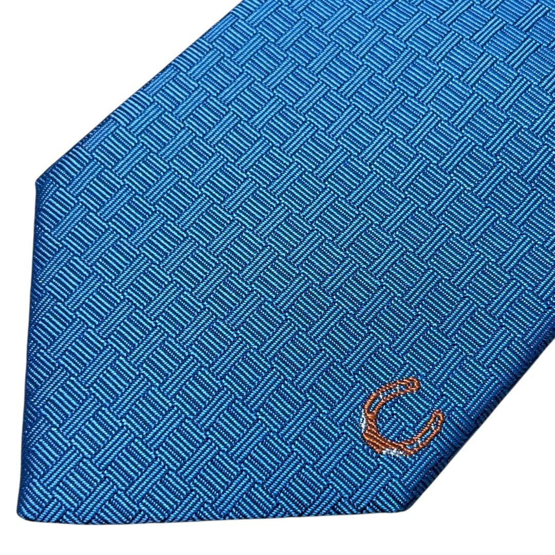 極美品　エルメス　ネクタイ　水色　ファソネ　ホースシュー　馬蹄　H柄　ジャガード