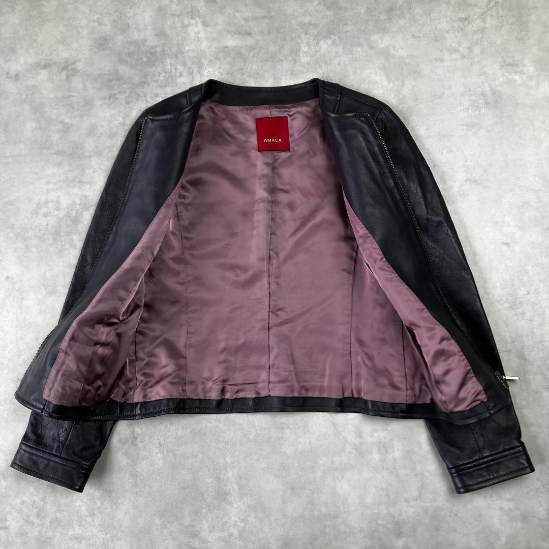美品　AMACA　アマカ　ラムレザージャケット　ライダース　ノーカラー　674